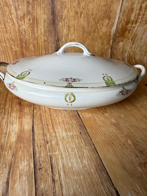 Antique Nippon Covered Vegetable Bowl – Hand-Painted Roses – 12" Wide