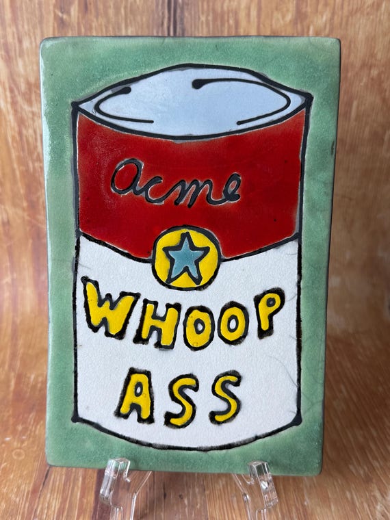 Spalding Studio “Can of Whoop Ass” Ceramic Tile – Pop Art Wall Decor, 7x4.5