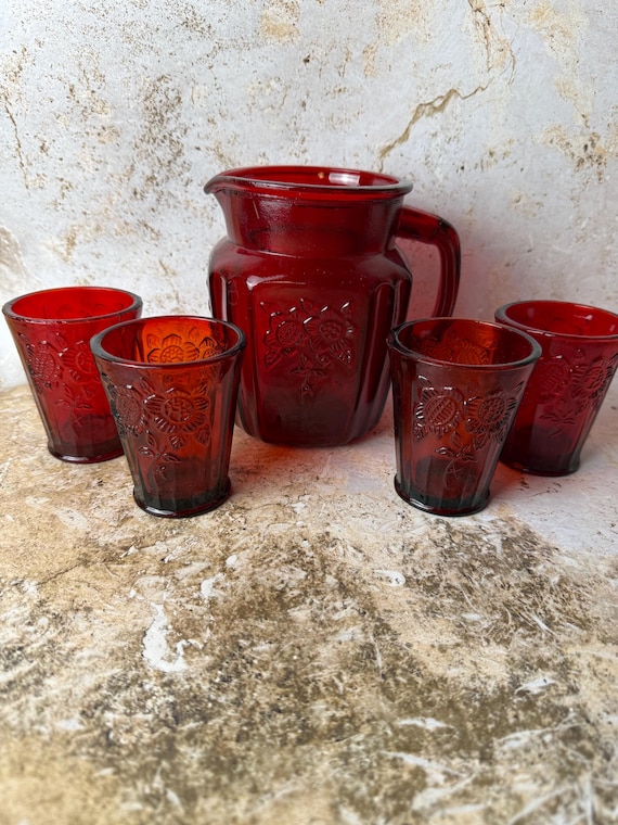 Vintage Ruby Red Pressed Glass Pitcher & Juice Glass Set – Mid-Century Floral Pattern (5-Piece Set)