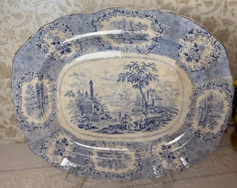 Antique Ridgways “Oriental” Platter – 19th Century Blue & White Transferware, Extra-Large 19x16 Serving Platter