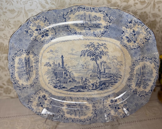 Antique Ridgways “Oriental” Platter – 19th Century Blue & White Transferware, Extra-Large 19x16 Serving Platter