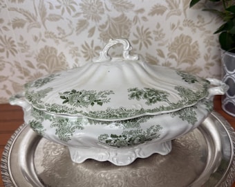 Antique P. Cairns “Porcelain Royale” Casserole Dish with Lid – English Transferware - green flowers