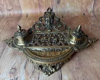 Vintage Japanese Brass Double Inkwell – Early 20th Century, Ornate Victorian-Inspired Desk Set