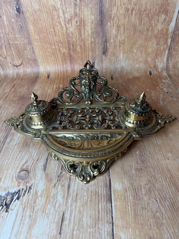 Vintage Japanese Brass Double Inkwell – Early 20th Century, Ornate Victorian-Inspired Desk Set
