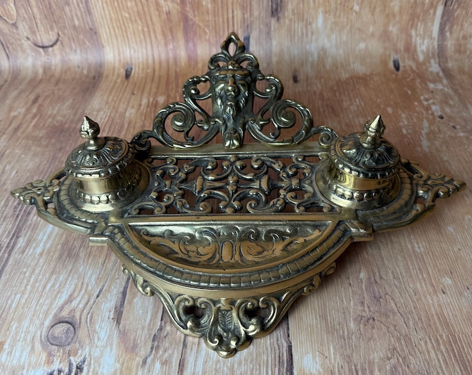 Vintage Japanese Brass Double Inkwell – Early 20th Century, Ornate Victorian-Inspired Desk Set