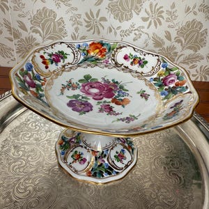 Carl Thieme Dresden Compote – Hand-Painted Floral Pedestal Dish with Gold Trim