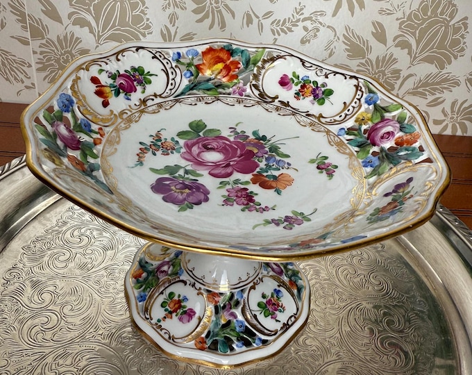 Carl Thieme Dresden Compote – Hand-Painted Floral Pedestal Dish with Gold Trim