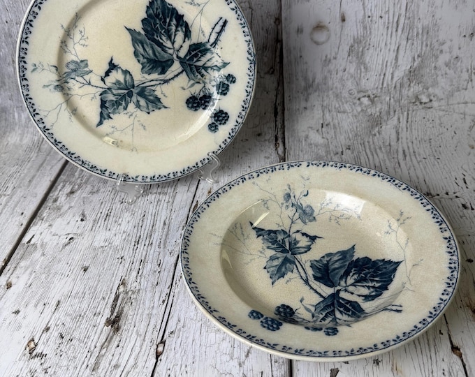 Antique Villeroy & Boch “Rubus” Blackberry Plate and Bowl Set – Late 1800s Mettlach Germany