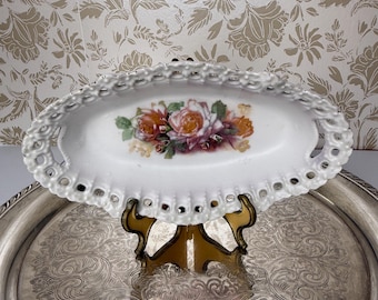 Vintage German Porcelain Dish with Reticulated Edge & Hand-Painted Roses – Late 1800s/Early 1900s