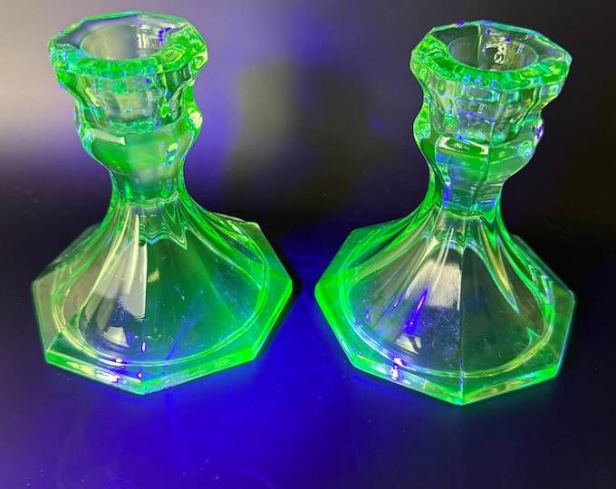 Art Deco Uranium Glass Candlestick Holders – Octagon Pair, 1930s Vaseline Glass