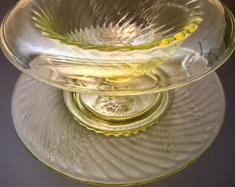 Vintage Uranium Glass Compote with Matching Dish – Ribbed Optic Design, 1930s