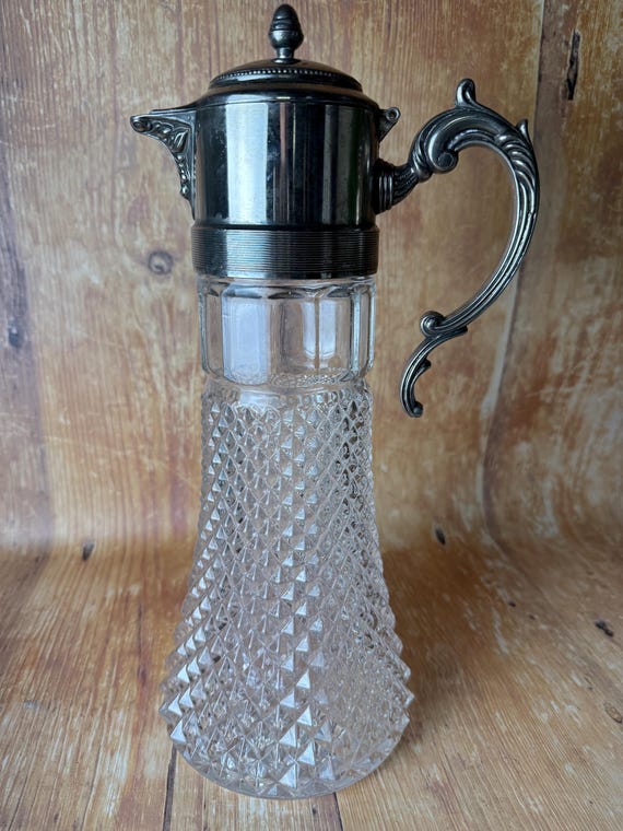 Antique Diamond Cut Glass and Silverplate Claret Jug – Wine Pitcher with Ornate Handle & Screw Lid, c. 1900