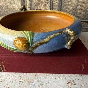 Vintage Roseville Pinecone Bowl – Blue Art Pottery with Branch Handles, 1930s Ohio Stoneware