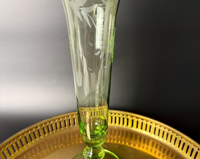 Mid-Century Green Glass Bud Vase with Grape Etching