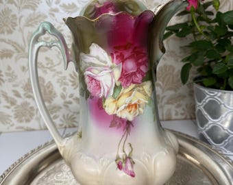 Antique MZ Austria Chocolate Pot: Hand-Painted Roses, Gilded Porcelain