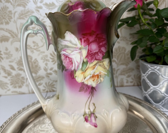 Antique MZ Austria Chocolate Pot: Hand-Painted Roses, Gilded Porcelain