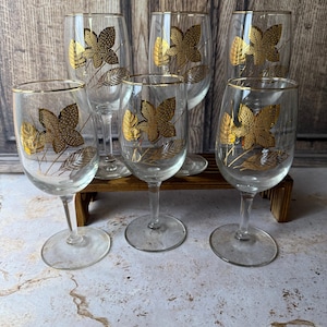 Taças de vinho vintage Libbey com detalhes em folha de ouro – Conjunto de taças com borda dourada de meados do século XX
