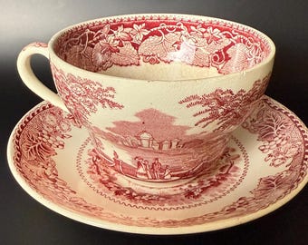 Antique Woods “Abbeys” Plate & Mason’s Vista Cup – English Red Transferware Pair, Early 19th/20th Century Staffordshire and Ironstone