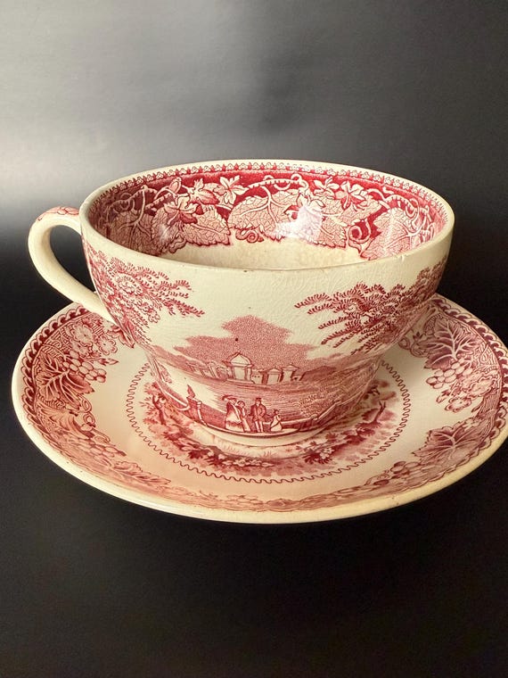Antique Woods & Mason's Red Transferware Cup and Plate Pair