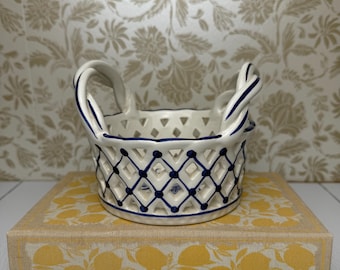 Vintage Portuguese Hand-Painted Ceramic Basket with Braided Handles