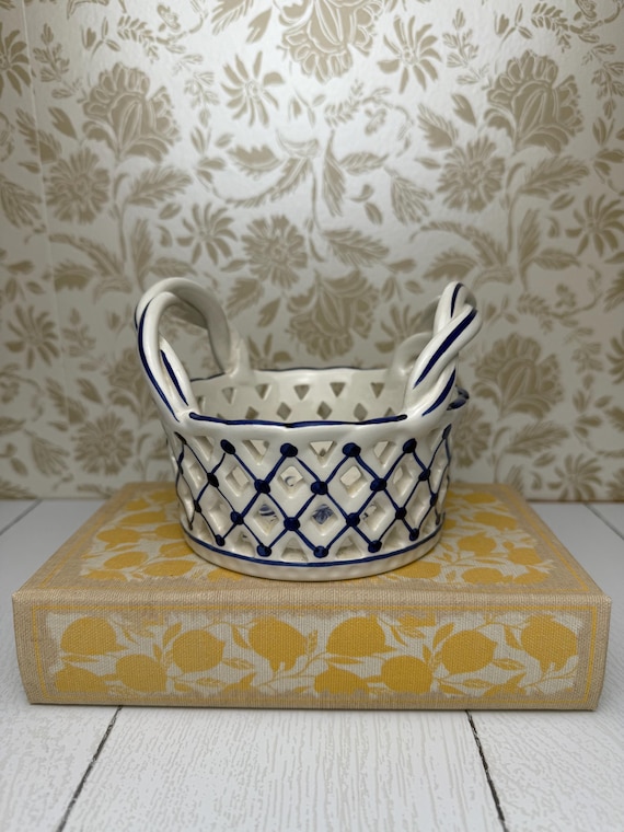 Vintage Portuguese Hand-Painted Ceramic Basket with Braided Handles