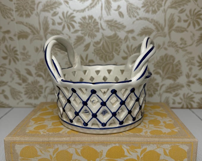 Vintage Portuguese Hand-Painted Ceramic Basket with Braided Handles