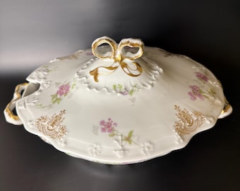 Antique Limoges Covered Dish: J. Pouyat French Porcelain, Hand-Painted Floral & Gold Bow