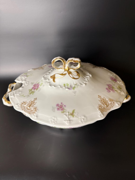 Antique Limoges Covered Dish: J. Pouyat French Porcelain, Hand-Painted Floral & Gold Bow