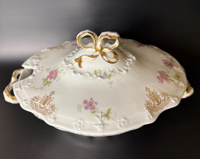 Antique Limoges Covered Dish: J. Pouyat French Porcelain, Hand-Painted Floral & Gold Bow
