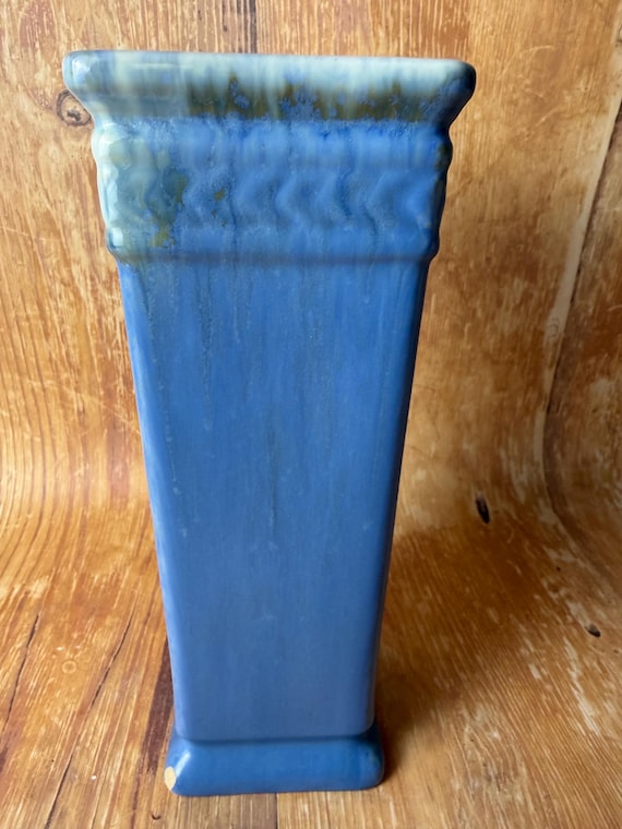 Vintage Roseville Pottery Vase – 9” Tall – Blue Drip Glaze Art Deco Style