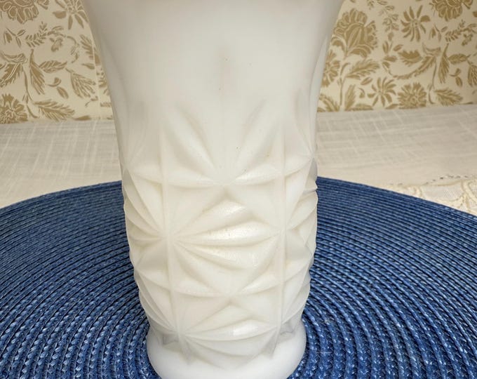 Vintage Mid-Century Milk Glass Vase | Starburst Pattern | White Pressed Glass Collectible | 5.75” Tall
