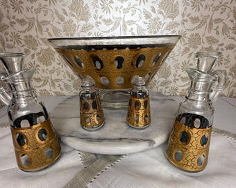 Vintage Culver Pisa Salad Set: 22k Gold Bowl, Cruets, MCM Barware