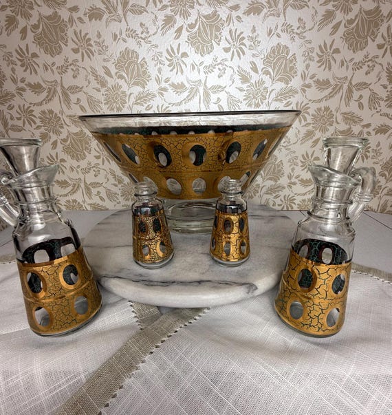 Vintage Culver Pisa Salad Set: 22k Gold Bowl, Cruets, MCM Barware