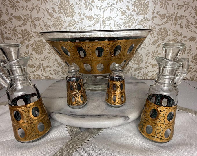 Vintage Culver Pisa Salad Set: 22k Gold Bowl, Cruets, MCM Barware