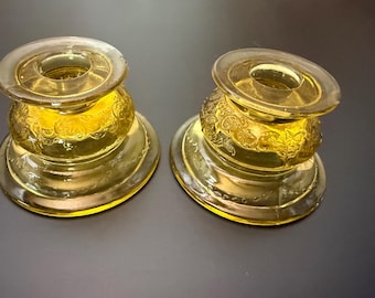 Vintage Amber Depression Glass Candle Holders – Pair, 1930s–1940s