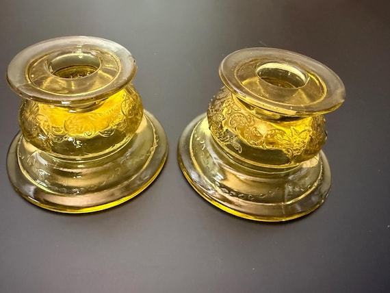 Vintage Amber Depression Glass Candle Holders – Pair, 1930s–1940s