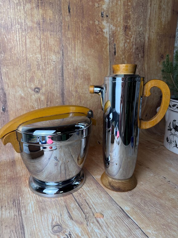 Vintage Manning-Bowman Chrome Cocktail Set – Art Deco Barware with Wood Handles