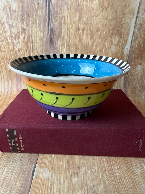 Hand-Painted Bowl — Colorful Striped Ceramic Art Pottery