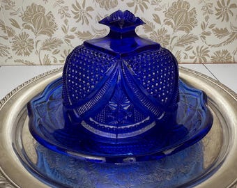Vintage Cobalt Blue Pressed Glass Butter Dish – Lidded Dome Mid-Century Elegance