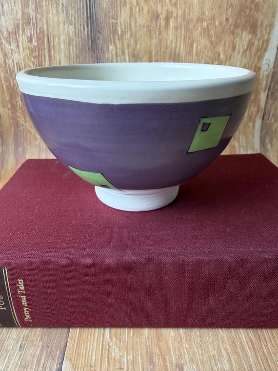 Contemporary Art Pottery Bowl — Purple & Chartreuse Geometric Design, Hand-Glazed Modern Ceramic