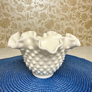 Vintage Fenton White Milk Hobnail Glass Bowl – Ruffled Edge