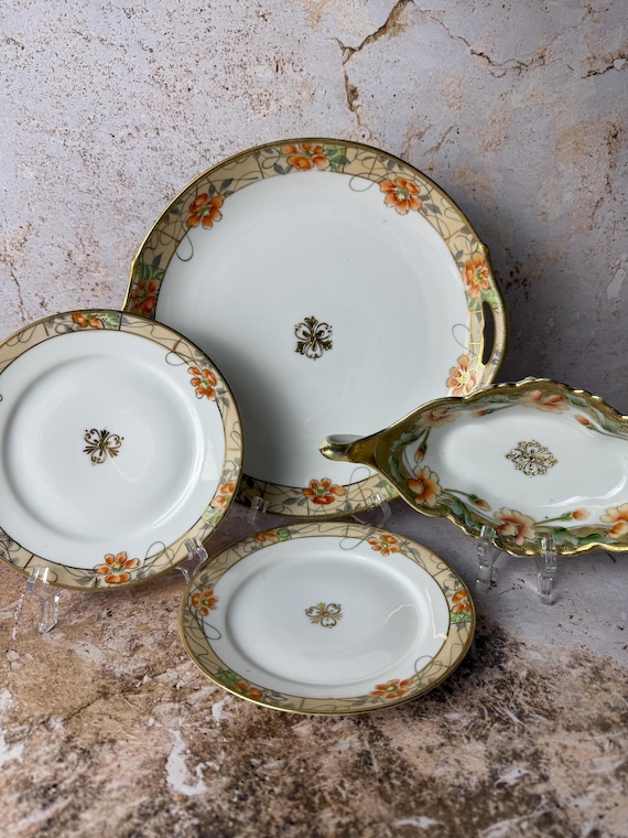 Antique Hand-Painted Nippon Porcelain Set | Circa 1910s–1920s Japan | Floral & Gold Art Nouveau Dinnerware