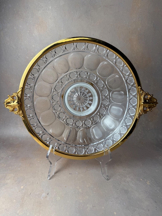 Vintage Pressed Glass Bowl with Gilded Ram’s Head Handles – Neoclassical Mid-Century Centerpiece