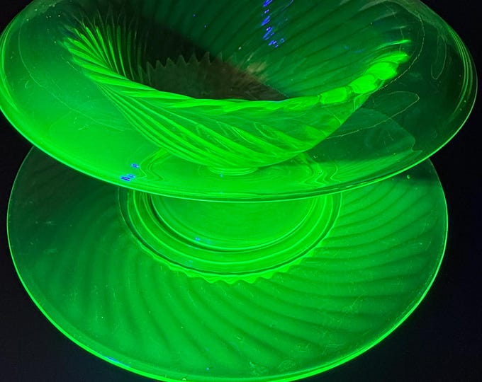 Vintage Uranium Glass Compote with Matching Dish – Ribbed Optic Design, 1930s