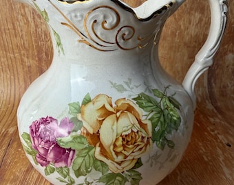 Antica brocca floreale in ceramica Buffalo – stile vittoriano, finiture dorate