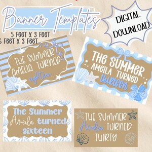 Puede incluir: Plantillas de pancartas de descarga digital con diseños de playa, rayas azul claro y bronceado, conchas y estrellas de mar. El texto incluye 'Banner Templates', '5 feet x 3 feet', '6 feet x 3 feet', 'Digital Download' y varias frases de cumpleaños.