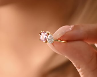 Aangepaste Toi et Moi edelsteenring, twee stenen ring, dubbele stenen ring, sieraden voor koppels, familie geboortesteenring, kerstcadeau, cadeau voor haar