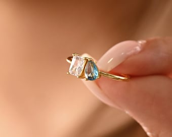 Toi et Moiのカスタムジェムストーンリング、ツーストーンリング、ダブルストーンリング、カップルジュエリー、家族の誕生石リング、クリスマスギフト、彼女へのギフト