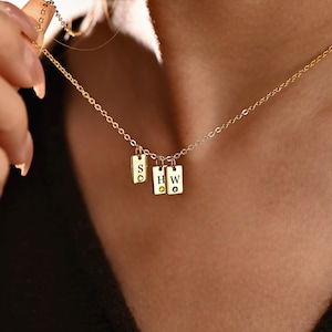 Engraved Initial Birthstone Necklace, Gold Necklace, Multiple Initial Tag Necklace, Birthstone Jewelry, Gift for Mom, Christmas Gift