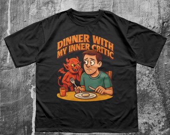Dark Humor Inner Critic T-Shirt – Funny Demon Cartoon Tee, Mental Health Meme Shirt, Quirky Goth Style, Cartoon Devil Design